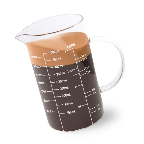 Newness Glass Measuring Cup with Handle, 500 ML (0.5 Liter, 2 Cup) Measuring Cup with Three Scales (OZ, Cup, ML/CC) and V-Shaped Spout, Measuring Beaker for Kitchen or Restaurant, Easy to Read - color: White Measuring Scale, size: 500 ML (2 Cup)