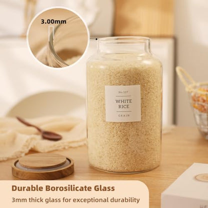 2 Pack Large Glass Flour and Sugar Storage Containers with Airtight Acacia Lids and 132 Kitchen Pantey Labels Preprint - 95 LF OZ Borosilicate Glass Canister Sets for Food,Spaghetti,Cookie,Rice - size: 95oz-2 Pack