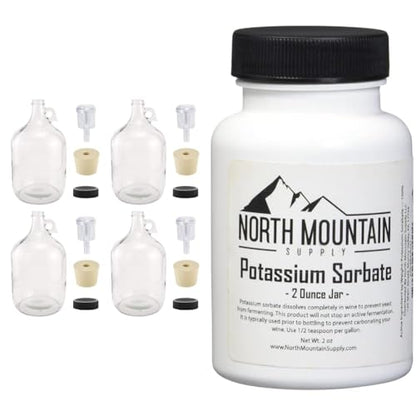 North Mountain Supply 1 Gallon Glass Fermenting Jug Set of 4 with Handle, Airlock, Lid and 2 Ounce Potassium Sorbate Wine Stabilizer