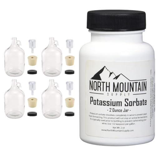 North Mountain Supply 1 Gallon Glass Fermenting Jug Set of 4 with Handle, Airlock, Lid and 2 Ounce Potassium Sorbate Wine Stabilizer