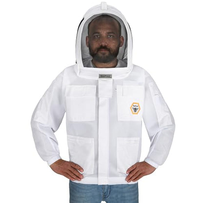 Bee Jacket Mesh Ventilation for Professional Beekeeper's Total Protection - Light Weight - YKK Zipper with Carring Bag 2 Veil Options (Fencing & Round) BP-401 (White - L) - color: White, size: L