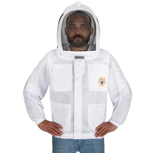 Bee Jacket Mesh Ventilation for Professional Beekeeper's Total Protection - Light Weight - YKK Zipper with Carring Bag 2 Veil Options (Fencing & Round) BP-401 (White - 5XL) - color: White, size: 5X-Large