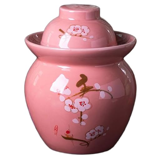 Ceramic Fermenting Crock With Water Seal Airlock Lid, Traditional Chinese Fermentation Crock Stoneware Pickling Pot(Pink,0.6L) - color: Pink, size: 0.6L
