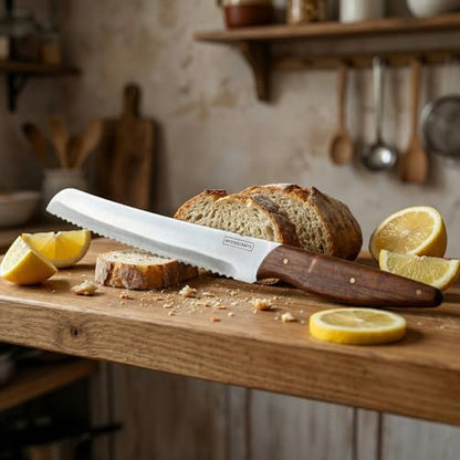 AM Steelcrafts Handmade Premium Artisanal 9 Inch Bread Knife, Serrated Stainless Steel Blade, Ergonomic Dark Wood Handle with Brass Rivets