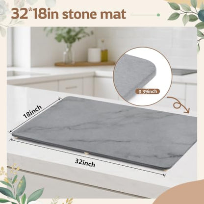 1 Pcs 32" x 18" Extra Large Stone Dish Drying Mat for Kitchen Counter Marble Diatomaceous Earth Mat with Wooden Feet Absorbent Quick Dry for Pot Dishes Bottles Cups Bottles Tableware