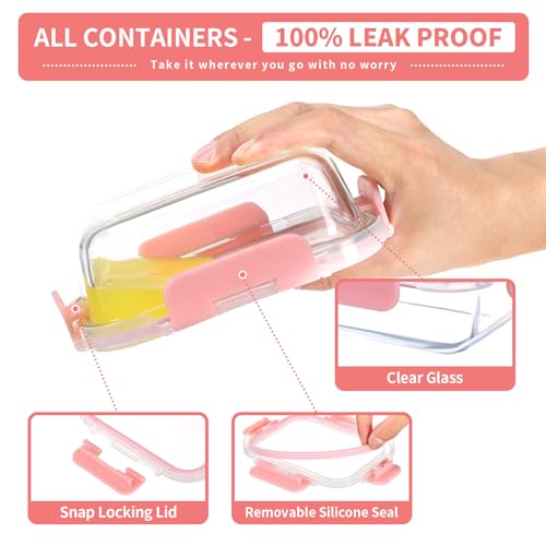 GULFLIN Glass Meal Prep Containers 12-Pack, 22oz Glass Food Storage Containers with Lids, Air-Tight, Leak-Resistant, Freezer to Microwave Safe-Pink Set - color: 22oz,12 Pack-Pink Set,Same Size