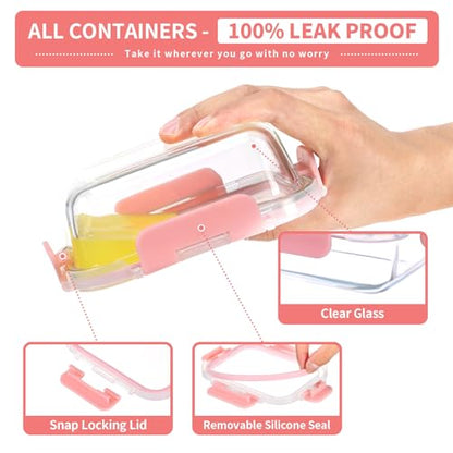GULFLIN Glass Meal Prep Containers 12-Pack, 22oz Glass Food Storage Containers with Lids, Air-Tight, Leak-Resistant, Freezer to Microwave Safe-Pink Set - color: 22oz,12 Pack-Pink Set,Same Size