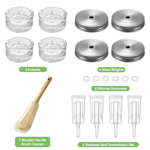 Klemon Fermentation Kit for Wide Mouth Mason fermentation Jar,Pickle sauerkraut Kit,4 Fermentation Lids,4 Glass Fermentation Weights,1Wooden Brush Cleaner(Jars Not Included)