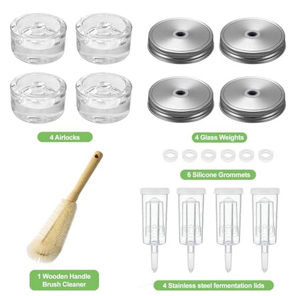 Klemon Fermentation Kit for Wide Mouth Mason fermentation Jar,Pickle sauerkraut Kit,4 Fermentation Lids,4 Glass Fermentation Weights,1Wooden Brush Cleaner(Jars Not Included)