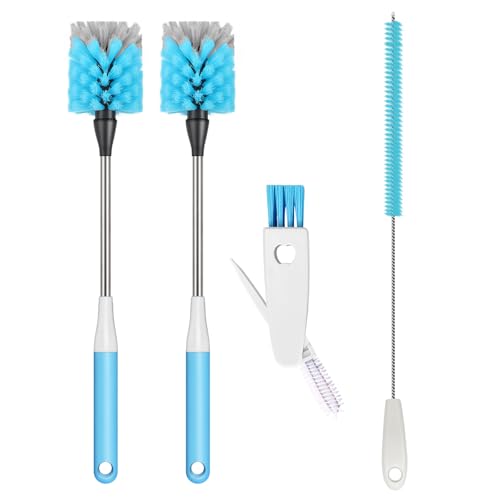 Bottle Brush 15-inch Long Bottle Brush, Kitchen Brush Set with Straw Cleaner and Cup Lid Cleaning Brush. Bottle Brushes Suitable for Water Bottles, Cups, Glasses, Baby Bottles (4, Blue)