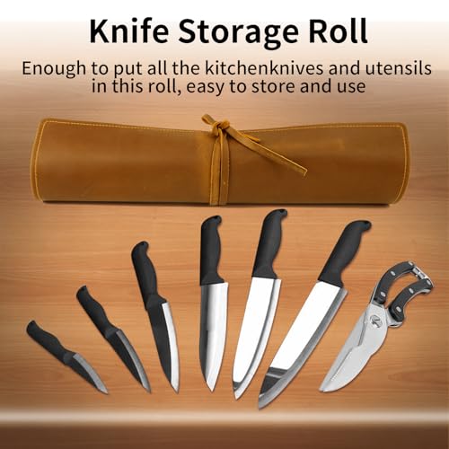 Genuine Leather Knife Roll, Knife Bags for Chefs Professional, Small Chef'S Knife Case Holder, Knives Holders Protectors with 7 Slots, Portable Chef Knife Roll Chef Knife Bag - color: 7 Slots Reddish brown