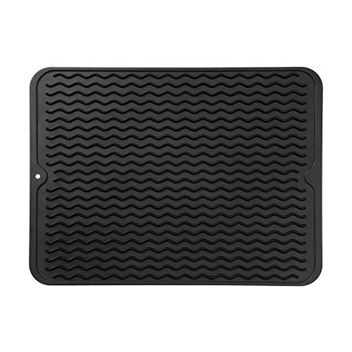 MicoYang Silicone Dish Drying Mat — Quick-Dry Ridges Counter & Sink Pad, Heat-Resistant Trivet to 450°F, Non-Slip & Dishwasher Safe, Roll-Up Storage, 18 Colors & 9 Sizes (Black, 16"×12") - color: Black, size: 16"L x 12"W