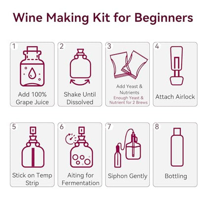 Wine Making Kit Home Brewing - Complete Grape Juice Brew Starter Set for Beginners, 1 Gallon Glass Fermentation Jar with 4 Bottles, Yeast & Nutrients, Siphon, Airlock and Step-By-Step Guide
