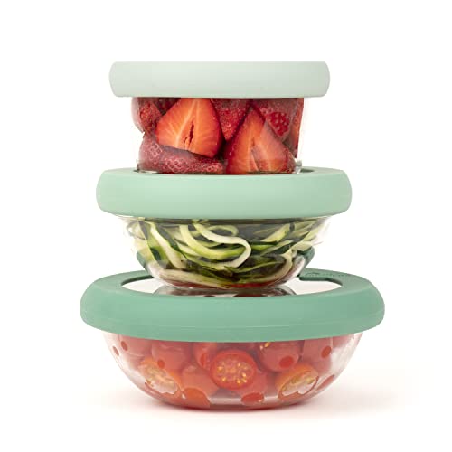 Food Huggers Replacement Lids for Glass Storage Containers | Silicone & Glass Lids that Don’t Crack | Fits Round Container Brands & Bowls | 100% Plastic Free | 3 Lid Set (XS,S,M), Gradual Green - color: Gradual Green, size: 3 Lid Set (XS,S,M)
