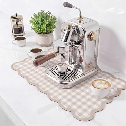 Scalloped Gingham Coffee Mat 12" x 20" Absorbent Coffee Bar Mat Gingham Espresso Matt for Counter(Brown) - color: Brown