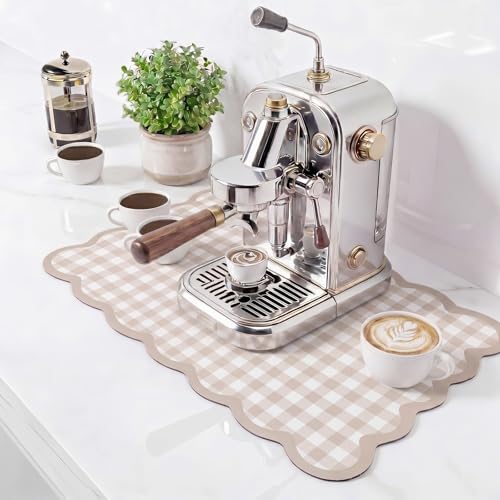 Scalloped Gingham Coffee Mat 12" x 20" Absorbent Coffee Bar Mat Gingham Espresso Matt for Counter(Brown) - color: Brown