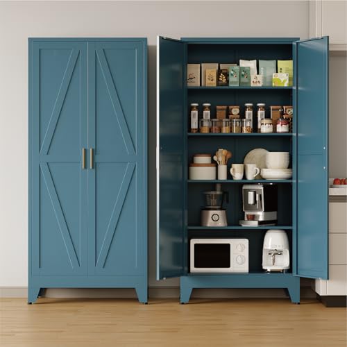 COFaR Metal Pantry Cabinet with Doors, Farmhouse 71'' Tall Storage Cabinet with 4 Adjustable Shelves, Kitchen Pantry Cabinet for Dinning Room, Laundry, Peacock Blue 5-Tier - color: Peacock Blue, size: 71 Tall 2 Doors-Farmhouse