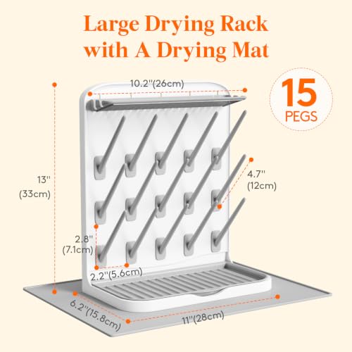 Lifewit Large Baby Bottle Drying Rack with Drain Mat & 15 Hooks, Newborn Essentials Must Haves, Bottle Storage Organizer for Countertop, Cabinet, Rack Dryer Holder for Pacifiers, Pump Parts - size: Large-15 Hooks