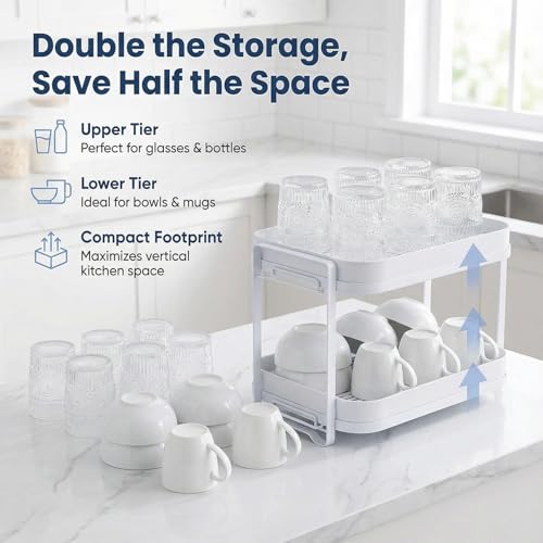 2-Tier Cup Drying Rack with Removable Drainboard, Rust-Proof Iron Mug Organizer, Multi-Purpose Bottle Drying Stand for Baby Bottles, Fruits, Vegetables, Countertop Space Saver, White
