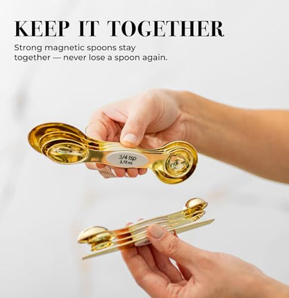 White and Gold Magnetic Measuring Spoons – Stainless Steel Double Sided Measuring Spoons for Cooking and Baking – Cute White and Gold Kitchen Accessories, Ideal for Gifting - color: White & Gold