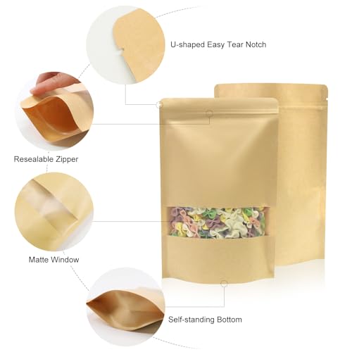SumDirect Kraft Stand Up Pouches - 50Pcs Resealable Kraft Paper Stand Up Bags with Window, Zipper Food Storage Bags for Home or Business (50, 3.5x5.5inch) - size: 3.5x5.5inch