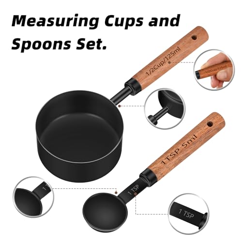 Wooden Handle Measuring Cups & Spoons Set 8-Piece – Stainless Steel, Stackable, Rustic Farmhouse Kitchen Gadgets, Non-Toxic, Dishwasher Safe, Gift for Bakers & New Homeowners - size: Black-wood handle