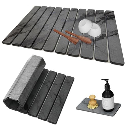 Large Stone Dish Drying Mat for Kitchen Counter, Quick Dry Stones Dishes Mats, Foldable Water Absorbing Diatomaceous Earth Drying Pad for Plate Rack Bottles Utensils (Dark Gray 24"×16" & 8"x4")