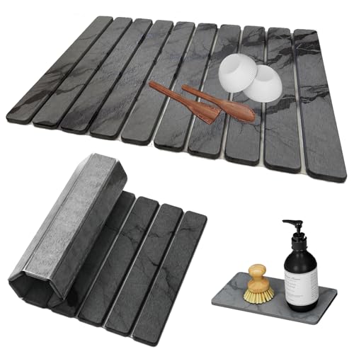 Large Stone Dish Drying Mat for Kitchen Counter, Quick Dry Stones Dishes Mats, Foldable Water Absorbing Diatomaceous Earth Drying Pad for Plate Rack Bottles Utensils (Dark Gray 24"×16" & 8"x4")
