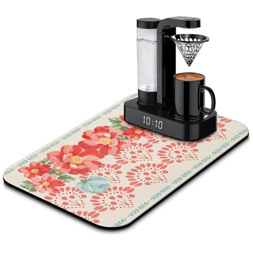 Washable Non-Slip Pioneer Flower Dish Drying Mats,Super Absorbent Quick Drying Mat For Kitchen Counter Home Large Coffee Bar Pad Accessories And Decor 19.5''x12'' (Boho Red Flower, 19.5*12) - color: Boho Red Flower, size: 19.5" x 19.5"