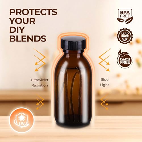 6 Pack 4 oz Amber Glass Bottle with Lids, Small Glass Vanilla Extract Bottles for Homemade Vanilla Extract, Essential Oils, Juice, Potion, Syrup, Christmas, Holiday Gift