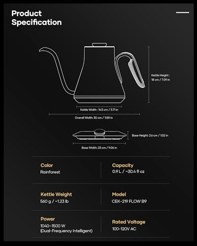 Cocinare Gooseneck Electric Kettle, ±1°F Precise Temperature Control, 1500W Fast Heating, Pour Over Coffee & Tea Kettle with Brew Timer & Keep Warm, Stainless Steel, 0.9L (Rainforest) - color: Rainforest