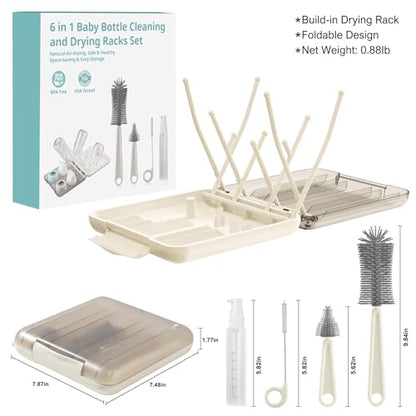 6 in 1 Baby Bottle Brush Set,Bottle Cleaner Brush Kit with Silicone Bottle Brush,Drying Rack,Nipple Brush,Straw Brush,Soap Dispenser&Storage Box,Portable Baby Essentials for Home&Travel (White) - color: White