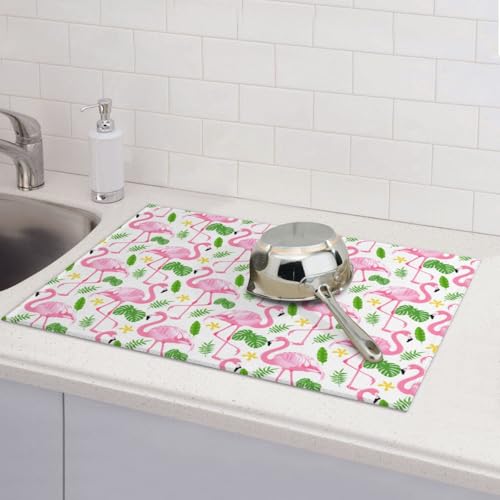 Pink Flamingo Leaf Dish Drying Mat For Kitchen Counter, Super Absorbent Microfiber Dish Drying Pad, Kitchen Gadgets For Easy Clean Multi-Use Large 18"x24" - color: Pink Flamingo Leaf