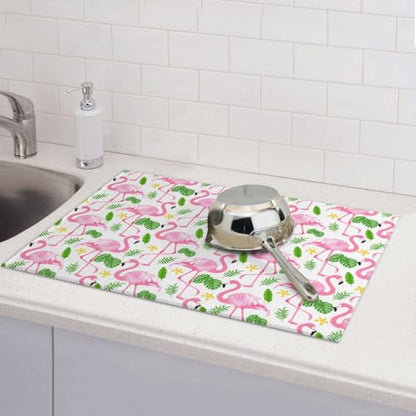Pink Flamingo Leaf Dish Drying Mat For Kitchen Counter, Super Absorbent Microfiber Dish Drying Pad, Kitchen Gadgets For Easy Clean Multi-Use Large 18"x24" - color: Pink Flamingo Leaf