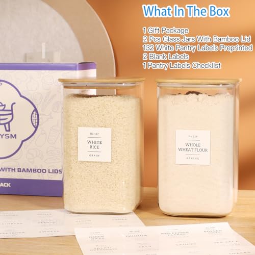 2 Pack large Square Glass Flour and Sugar Containers with 132 Kitchen Pantry Labels - Thicken 149 floz Glass Storage Jars with Airtight Bamboo Lid - Big Rice Canisters for Coffee, Pasta, Cereal - size: 149oz-2pack