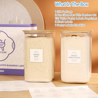2 Pack large Square Glass Flour and Sugar Containers with 132 Kitchen Pantry Labels - Thicken 149 floz Glass Storage Jars with Airtight Bamboo Lid - Big Rice Canisters for Coffee, Pasta, Cereal - size: 149oz-2pack