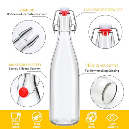 Swing Top Glass Bottles 2 Pack, 16oz/500ml Flip Top Glass Bottle,Beer Brewing Bottles with Airtight Lid for Kombucha, Mead Kefir, Vanilla Extract, Juice, Tea, Wine,DIY Containers - size: 16oz-2pcs