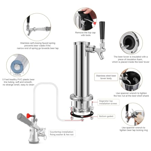 Single Tap Beer Tower Dispenser, Stainless Core Beer Faucet Polished Stainless 3'' Flange Single Tap Draft Beer Tower Kegerator Tower Kit with Pre-Assembled Tubing and Self-Closing Spring - size: Single Tap