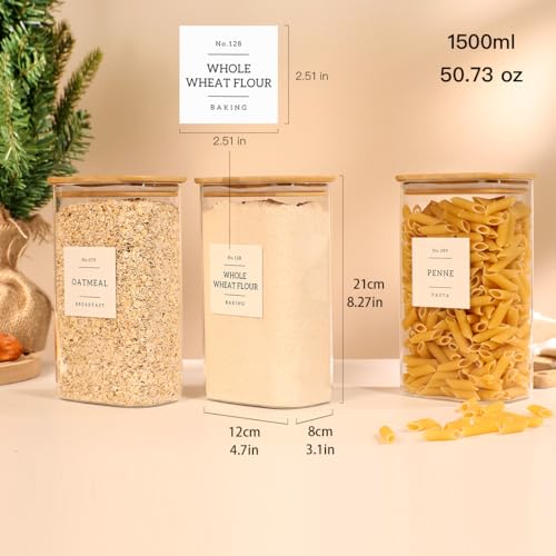 3 Pack Square Glass Pantry Storage Containers with 132 Kitchen Food Pantry Labels - 51 floz Clear Glass Pantry Jars with Airtight Wood Bamboo Lids - Glass Canisters for Candy, Cereal, Coffee, Spice - size: 51oz-3pack