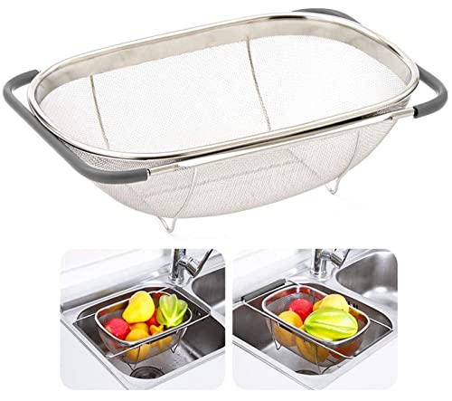 AJIODA Over The Sink Colander, 6 Quarts Stainless Steel Oval Colander with Expandable Rubber Grip Handle, Fine Mesh Strainer Baskets Kitchen Colanders for Strain, Drain, Rinse Vegetables, Fruits, Grey - color: Gray, size: Large