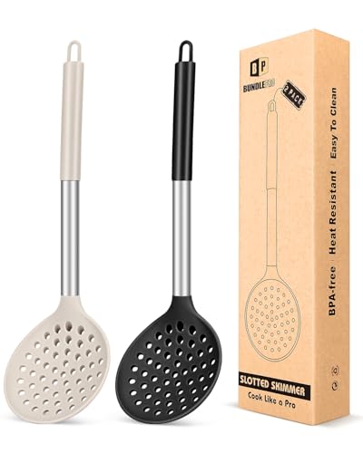 Kitchen Ladle Strainer Set of 2 Large Slotted Spoon with High Heat Resistant BPA Free Non Stick Cooking Skimmers For Draining and Frying (Black-Khaki) - color: Black+Khaki