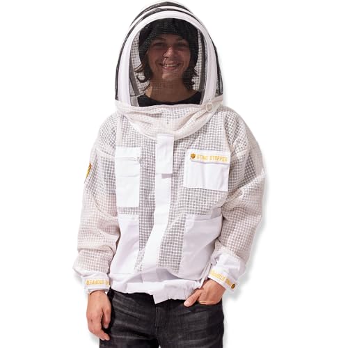Sting Stopper Ventilated Beekeeping Jacket with Veil | Triple Layer Breathable Bee Jacket | Long Torso, 7 Pockets, YKK Zippers for Men & Women - Beekeeper White, 5X-Large - color: Beekeeper White, size: 5X-Large