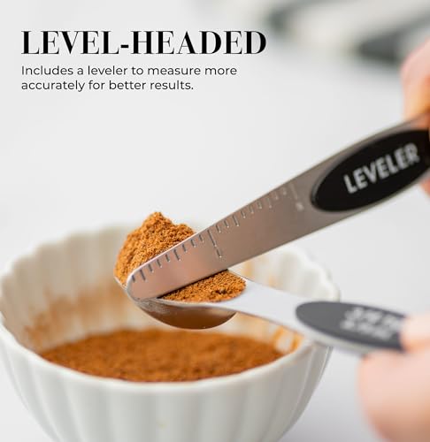 Stanless Steel Magnetic Measuring Spoons Set with Leveler - 8-Piece Heavy Duty Metal, Dual Sided, Stackable, BPA Free, Stainless Steel Measuring Spoons for Dry & Liquid Ingredient - Fits in Spice Jars - color: Black & Silver
