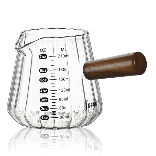 Joeyan 7 oz Espresso Cups, Glass Measuring Cup, Espresso Shot Cup with Spout and Wood Handle, Clear Espresso Shot Glass, Ribbed Milk Frothing Pitcher, Espresso Machine Coffee Bar Accessories - color: Clear ribbed espresso cup