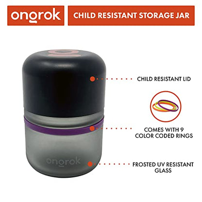 ONGROK Glass Storage Jar, 80ml, 6 Pack | UV Herb/Spice Jar with Child‑Resistant Lid, Color‑Coded Glass Containers to Preserve Smell and Aroma - size: 80ML - 6 Pack