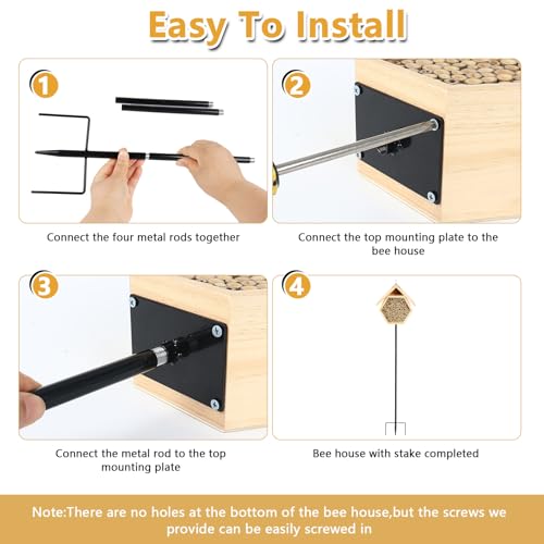 Mason Bee House for Garden, Natural Wooden Bee Habitat with Metal Ground Stake, Attracts Pollinators, Improve Garden Productivity, Outdoor Decoration