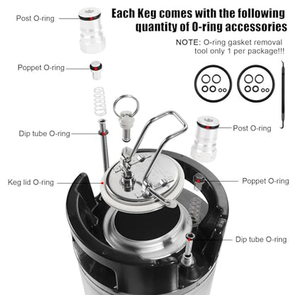 2PCS 2.5 Gallon Corny Keg Ideal for Brewing Party Home Ball Lock Keg | 304 Stainless Steel, Dual Rubber Handles Rubber Bottom, Portable Ball Lock Beer Dispenser Lid Fittings,NSF Certification