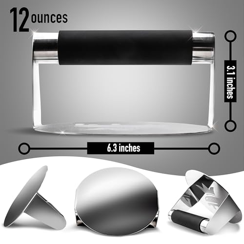 SMASHER KING™ - Mirror Polished Stainless Steel Smash Burger Press - Hamburger Smasher Tool for Griddle Cooking - Heat Resistant Handle Grill Press and Meat Weight - Burger Patty Maker for Perfection