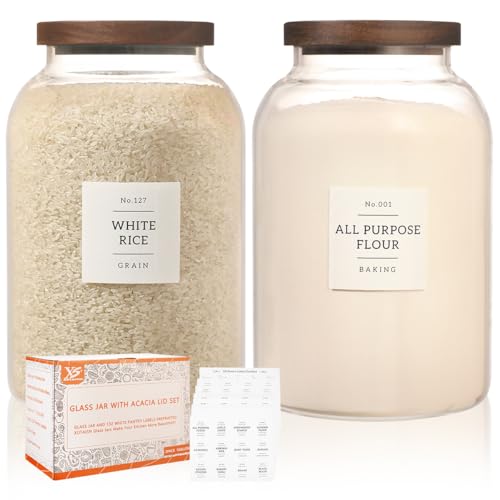 2 Pack Large Glass Flour and Sugar Storage Containers with Airtight Acacia Wood Lids and 132 Kitchen Pantey Labels Preprint - 1 Gallon Borosilicate Glass Canister Sets for Food,Pasta,Cookie,Rice - size: 1 Gallon-2 Pack