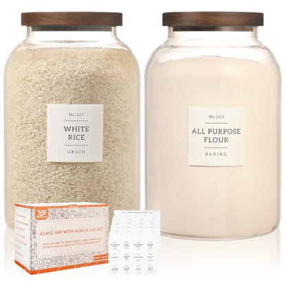 2 Pack Large Glass Flour and Sugar Storage Containers with Airtight Acacia Wood Lids and 132 Kitchen Pantey Labels Preprint - 1 Gallon Borosilicate Glass Canister Sets for Food,Pasta,Cookie,Rice - size: 1 Gallon-2 Pack